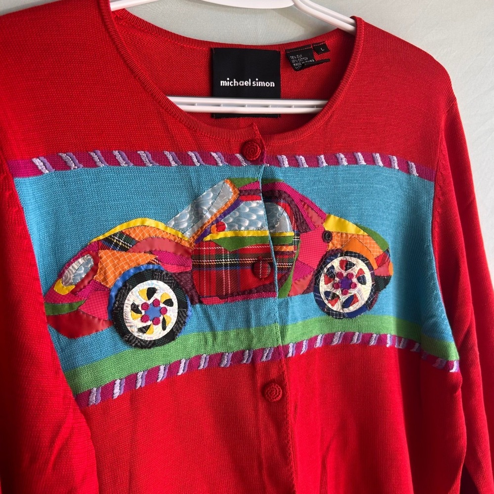 VTG Michael Simon Patchwork Red Silk Cotton Eclectic Retro Car Cardigan Womens L